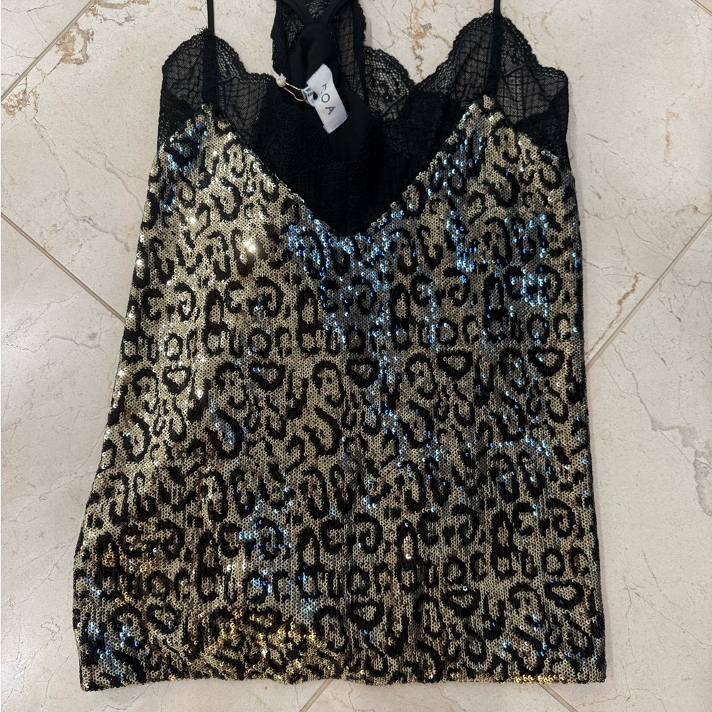 Sequin Animal Print Lace-Trim Camisole - Black/Gold